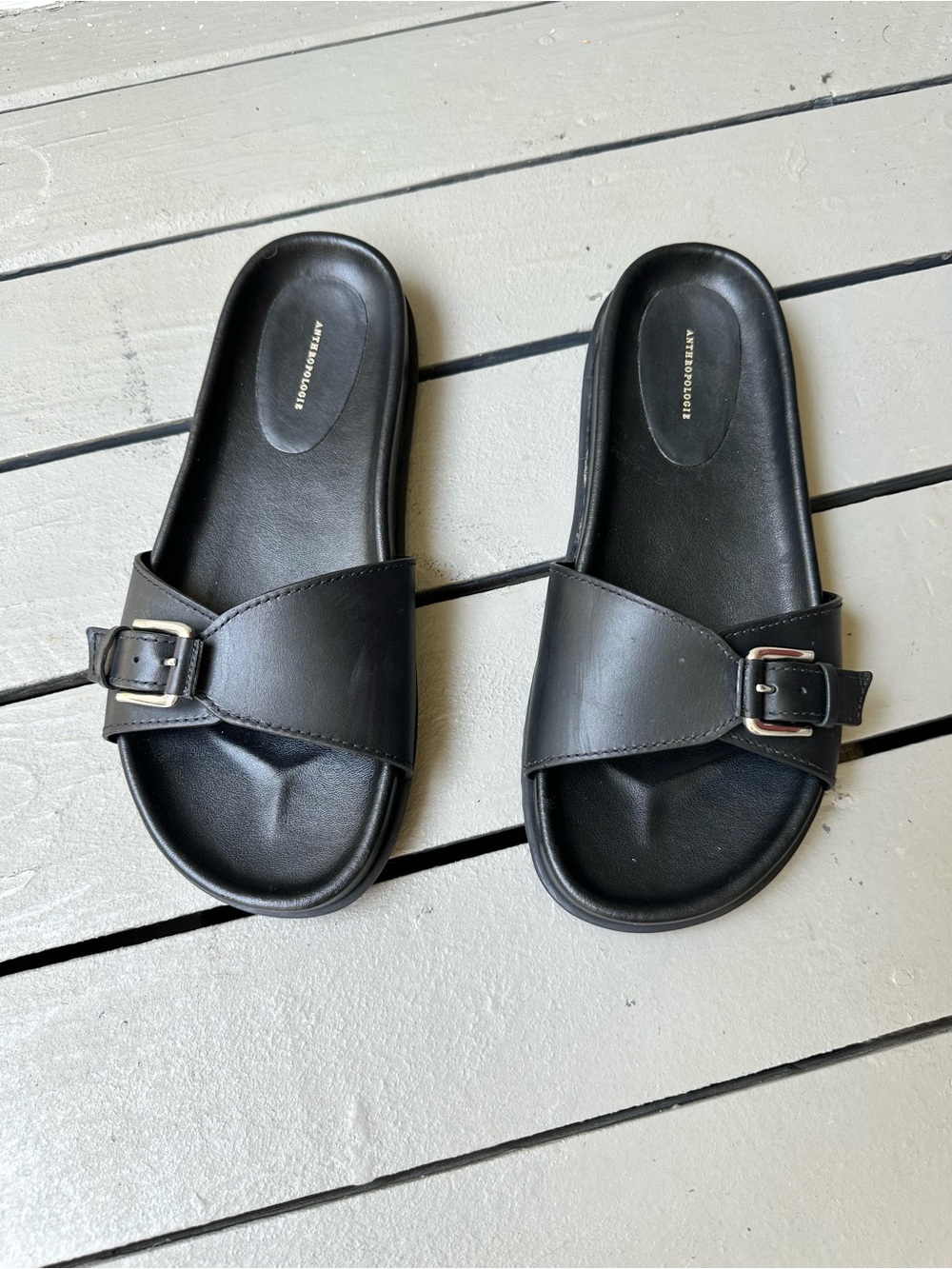 Anthropologie Leather buckle slide sandals~9